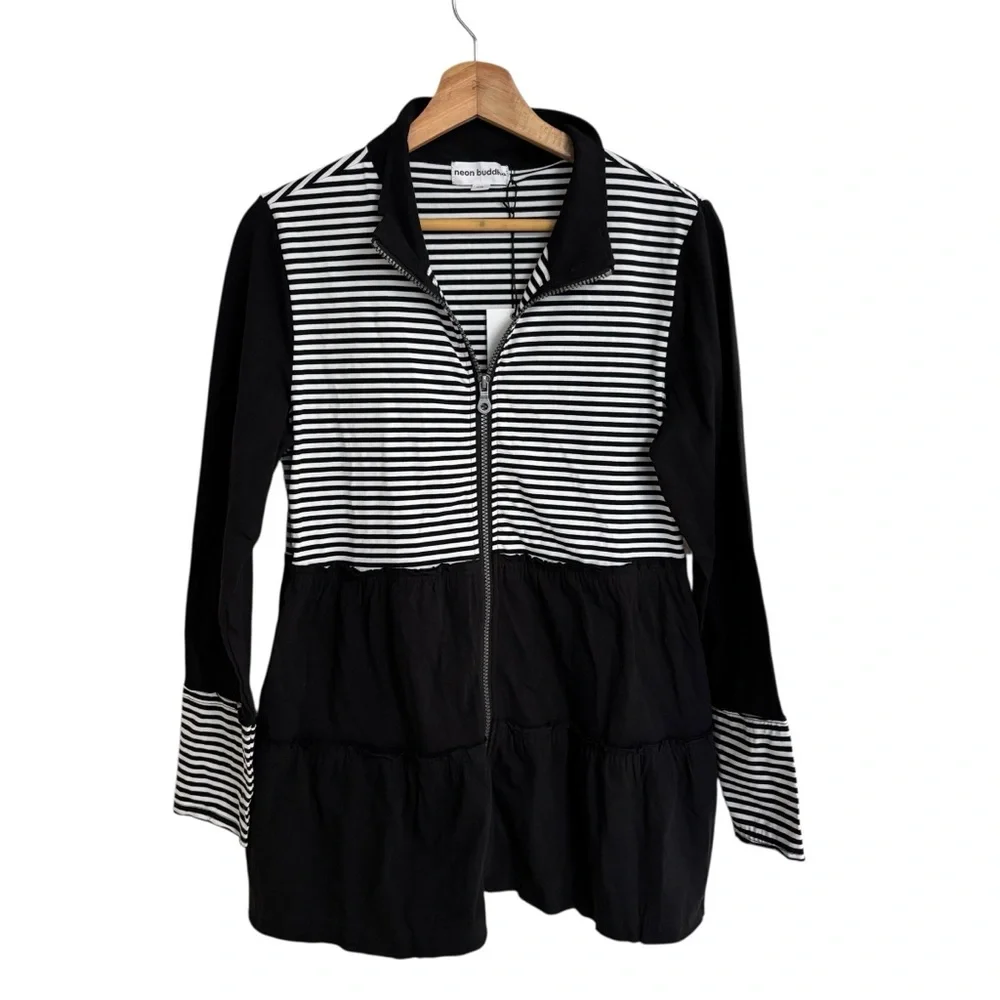 Neon Buddha black white stripes front row tiered ruffle zip up jacket pockets XS - Picture 2 of 15